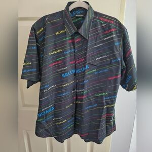 Balenciaga Button Front Short Sleeve Black Multicolor Logo Polo Shirt Cotton